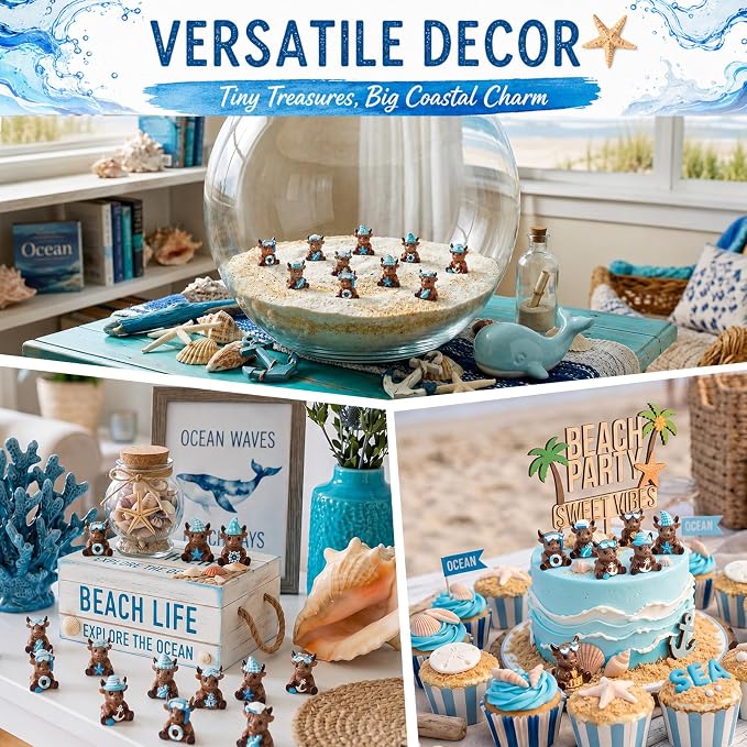 Yaomiao 60 Pcs Mini Resin Coastal Highland Cow Figurines Summer Ocean Highland Cow Statues Beach Coastal Farmhouse Decor Sea Cows Figure Table Decor for Holiday Festive Home Kitchen Tiered Tray
