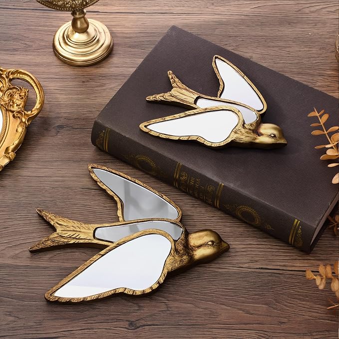 Sliner 2 Pcs Swallow Mirror Wall Decor, Gold Resin Aesthetic Bird Wall Art, Vintage Decorative Hanging Glass Mirrors for Victorian Home, Elegant Nature Inspired Summer Wedding Gift