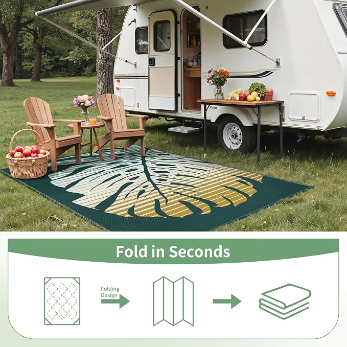 GENIMO Outdoor Rug 6' x 9' Waterproof for Patio Clearance, Reversible Plastic Straw Camping Mat, Lightweight Carpet for Rv, Camper, Deck, Porch, Picnic, Balcony, Beach, J.Yellow & Green