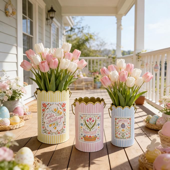 Set of 3 Vintage Spring Metal Planter with Handle, Decorative Floral Bucket Cute Striped Design Flower Pots for Garden & Home Decor