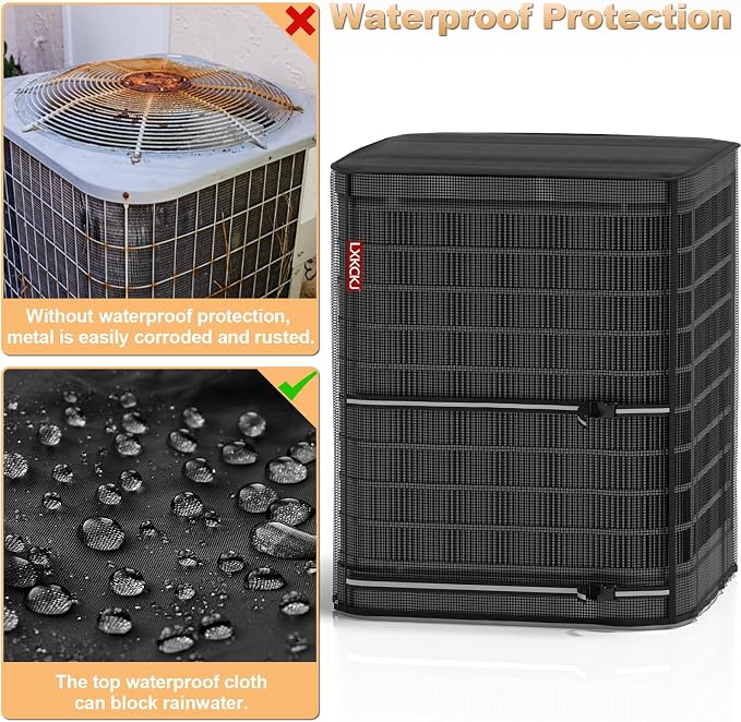 LXKCKJ Full Mesh Top Air Conditioner Cover for Outside Units- 2 in 1 Central Air conditioner Cover with 420D Waterproof Fabric and Textilene, Outdoor AC Covers Defender (Black-24x24x30)