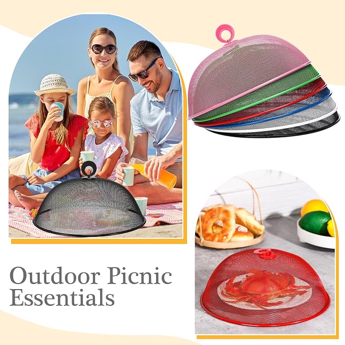 Gerrii 6 Pcs Metal Mesh Food Cover Outdoor Mesh Food Tents Dome Screen Plate Covers for Dinner Plates Reusable Fruit Fly Nets Picnic Umbrella for Table, BBQ, Camping, Party(Multicolor,11 Inch)