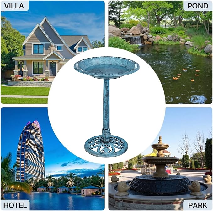 VECELO 28" Pedestal Outdoor Bird Bath for Outside, Vintage Bronze Polyresin Lightweight Antique, Yard/Garden Decoration, Blue