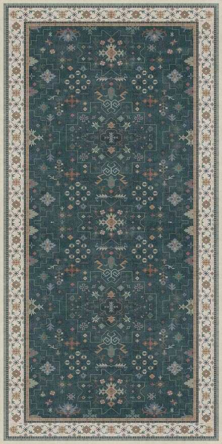 Dark Green Oushak 2x4 Entryway Rug - Modern Vintage Boho Eclectic Floral Pastel, Washable Low Pile Non-Slip Small Throw Area Rugs for Door Mat Indoor Entrance, Kitchen, Bathroom, Bedroom, Laundry