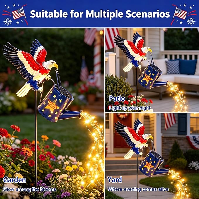 4th of July Decorations Outdoor Solar Eagle Watering Can Lights, 36 LED Solar Lights Outdoor Decorative Waterproof Metal Patriotic Garden Decor for Memorial Yard Art Patio