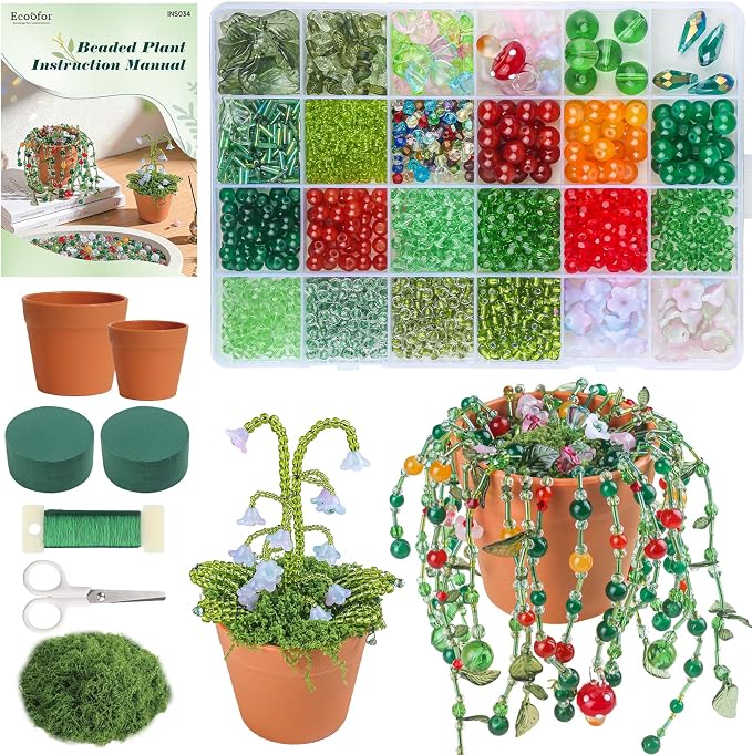 Ecoofor Green Beads Beaded Plant Kit DIY Plant Kit, Green Glass & Crystal Leaf Beads, Video Tutorials, Desk Gifts, Handmade Gifts for Plant Lovers