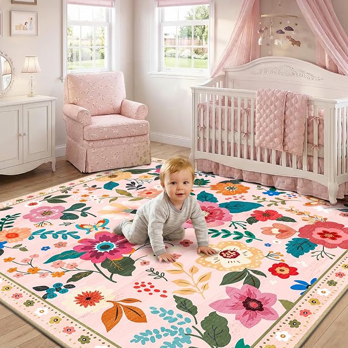 RELEANY Floral Washable Square 4ft Area Rug Pink | Flower Carpet, Print, Boho, Non-Slip, Easy to Clean, Soft, Low Pile for Living Room Bedroom Kitchen Office Entryway Hallway