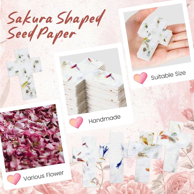 Dunzoom 50 Pcs Handmade Seed Paper Plantable Wildflower Seed Paper Recycled Flower Petals Tags Wedding Favors for Guests Craft Gifts Cards for Envelope Birthday Party, 5 Styles (Cross)