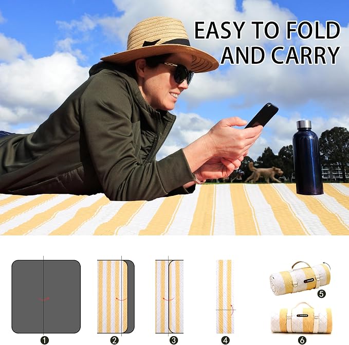 HX&OD Extra Large Picnic Outdoor Blanket, 80”x80” Waterproof Picnic Mat Foldable Camping Blanket Portable with Carry Strap for Beach Mat Outdoor Camping Party(Yellow)