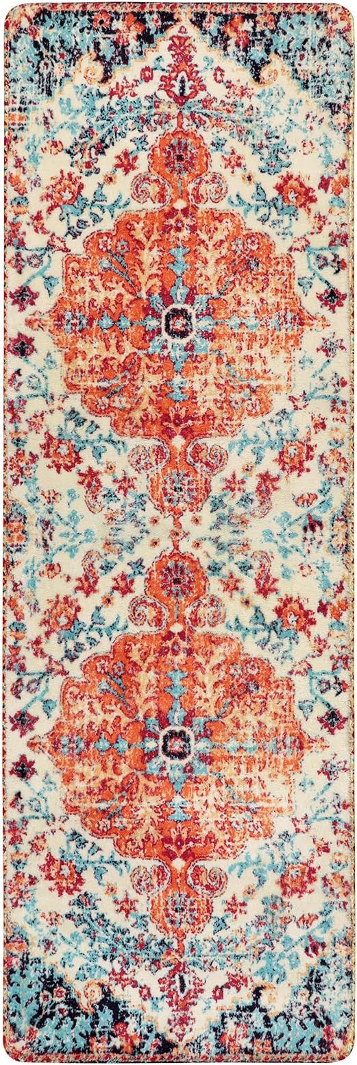 Lahome Reine Floral Washable Kitchen Runner Rug, 2x6 Hallway Entryway Runner Rug, Oriental Medallion Non-Slip Mat, Bohemian Low-Pile Floor Carpet Runners for Bathroom Laundry Bedside, Orange