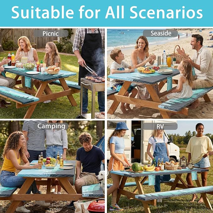 Jobunai Fitted Picnic Table Cover with Bench Covers Elastic Water Proof Outdoor Camping Tablecloth for 8 Foot Rectangle Tables Roadtrip Summer Organization Rv Car Essential Holiday Gifts for Campers