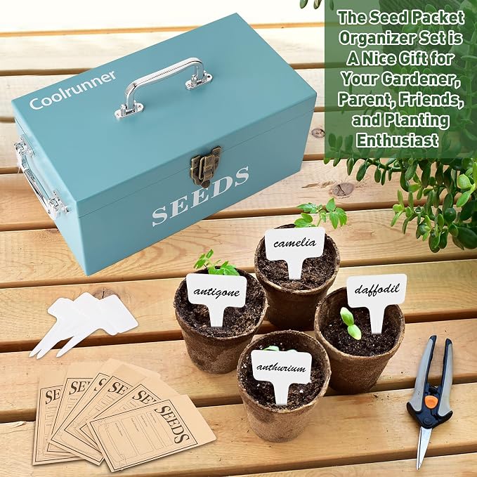 Coolrunner Wood Seed Saving Box, Seed Storage Organizer Case | Seed Packet Storage Organizer with Lock and 3 Handles, 30P Plant Labels, 30P Seeding Envelopes Bag (Blue)