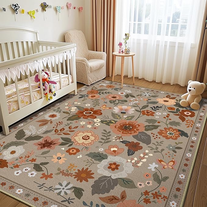RELEANY Floral Washable 3x5 Area Rugs Brown/Brick | Flower Carpet, Print, Boho, Non-Slip, Easy to Clean, Soft, Low Pile for Living Room Bedroom Kitchen Office Entryway Hallway