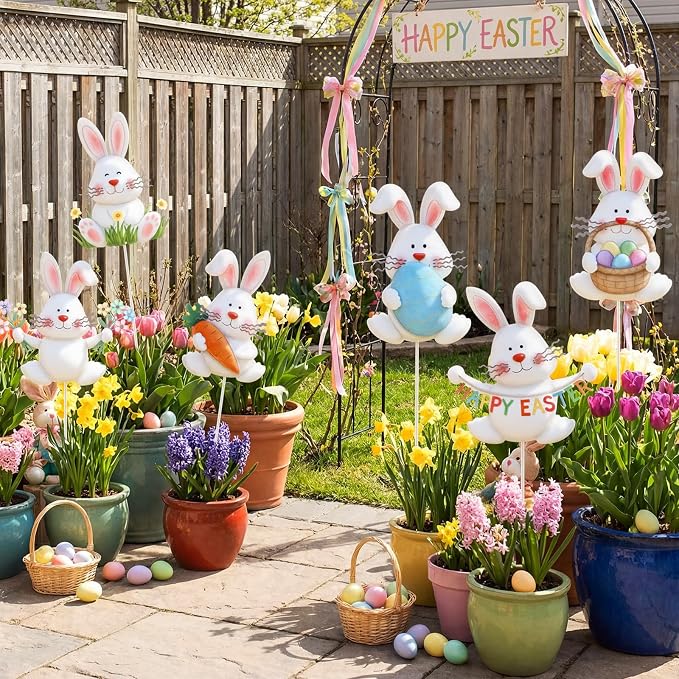 Pickmesh 6 Pcs 12" H Easter Yard Sign Metal Rabbits Yard Stake Bunny Barn Garden Stake Easter Decoration Outdoor for Planter Pot Spring Walkway Pathway Lawn Decor