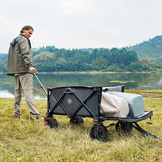 Timber Ridge 47" L Collapsible Folding Wagon with Tailgate, 300 lbs Heavy Duty Beach Wagon with All-Terrain Big Wheels, 250L Foldable Utility Cart for Sand Camping Sports Shopping, Grey