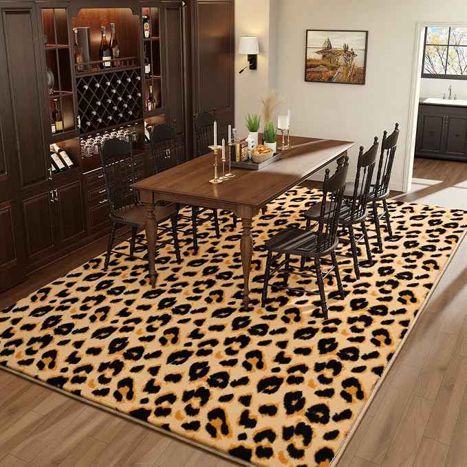 Amearea Soft Leopard Rugs for Bedroom Living Room, 4x6 Cheetah Print Rug | Fluffy Indoor Thickened Memory Foam Rug, Washable Animal Rug Carpet for Kids Boys Girls Dorm Nursery Room Home Decor, Khaki