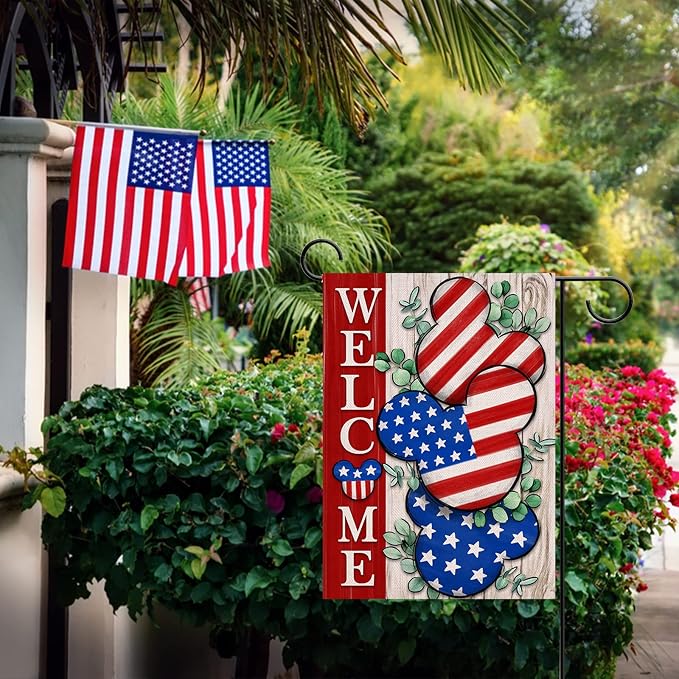 Welcome 4th of July Stars Stripes Patriotic Decorative Garden Flag, American USA Memorial Day Yard Outside Decorations, Summer Outdoor Small Home Decor Double Sided 12 x 18