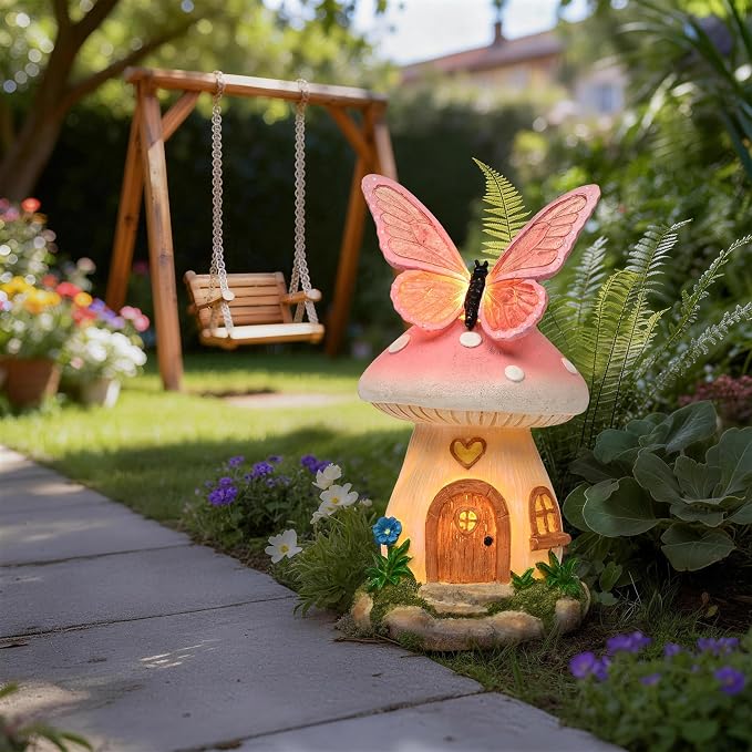 GIGALUMI Fairy Garden Houses Mushroom 9.3",Garden Statues,Fairy Houses for Outside, Butterfly House, Mushroom Decor for Yard, Patio and Birthday Gifts for Mom Women(Pink)