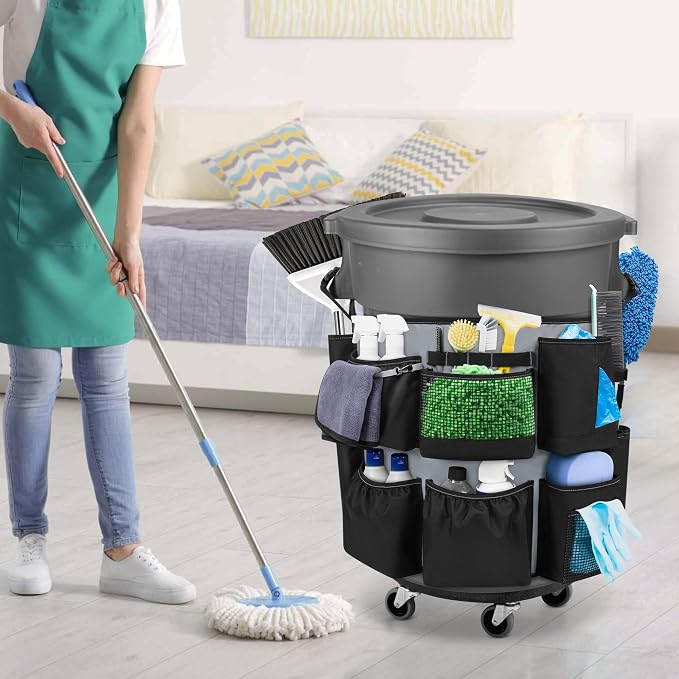 HODRANT 32-55 Gallon Trash Can Caddy Bag with Multi Pockets for Clean Tools | Garbage Bin Apron Caddy, Cleaning Tool Organizer with Adjustable Buckle for Janitorial Trash Can, Black+Gray