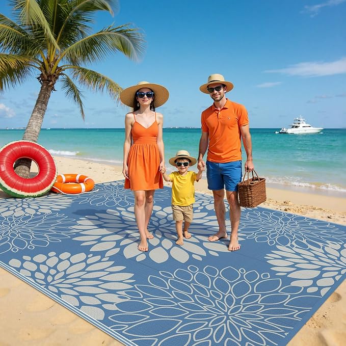 Ileading Waterproof Outdoor Rug 8x10, Reversible Plastic Straw Patio Rug, Portable Indoor Outdoor RV Camping Mat Carpet for Deck, Porch, Balcony, Backyard, Picnic, Floral Dusty Blue