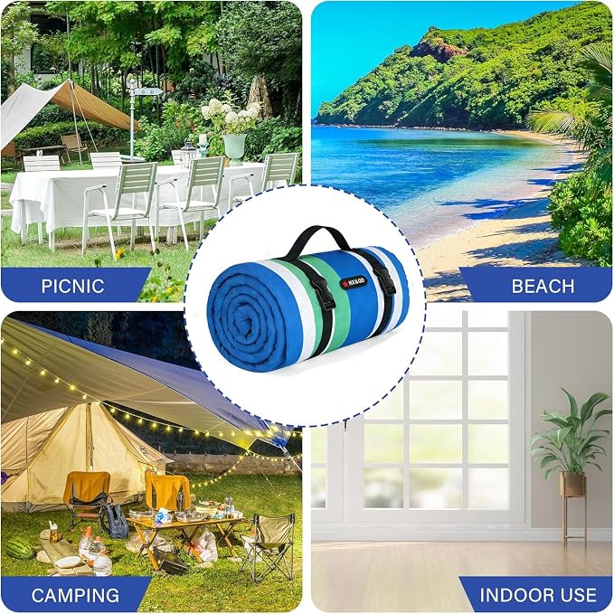 HX&OD Outdoor Picnic Blanket Extra Large, 80''*80'' Waterproof Picnic Mat with Stakes Foldable Camping Blanket Portable with Carry Strap for Beach Mat (Blue, 80''*80'')