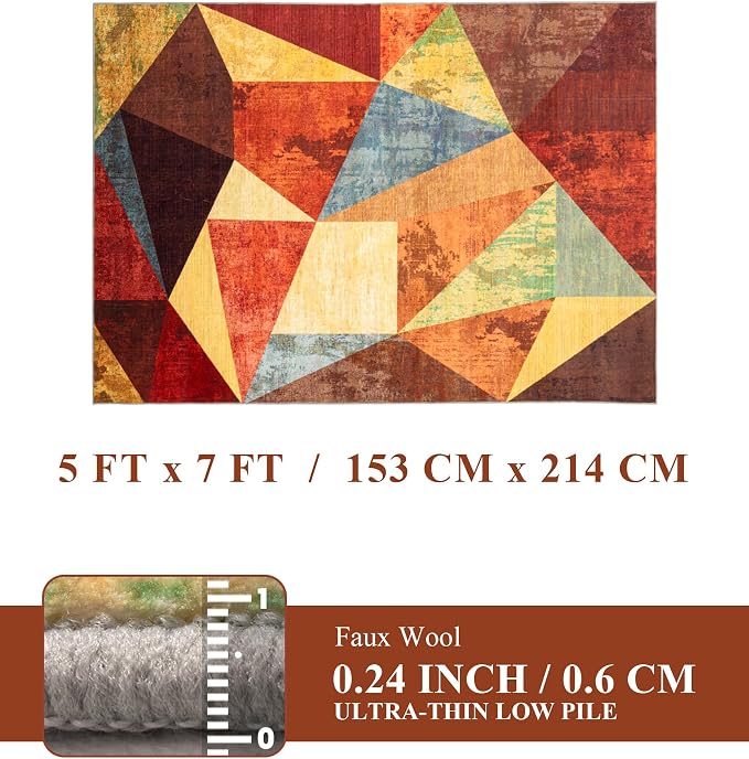 Brown Area Rug 5x7,Geometric Burnt Orange Area Rug Non Slip,Farmhouse Rugs Washable,Vintage Burgundy Carpets for Bedroom, Boho Rug for Kitchen,Dining Room