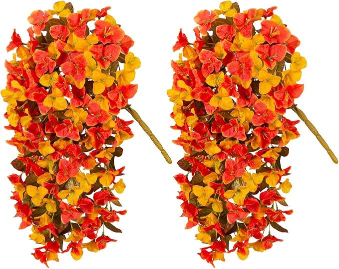 INXUGAO 2 pcs Artificial Faux Bougainvillea Fall Flowers Plants for Outdoor Outside Decoration, Fake Silk UV Resistant Long Trailing Vines for Front Door Porch Planter Balcony Decor