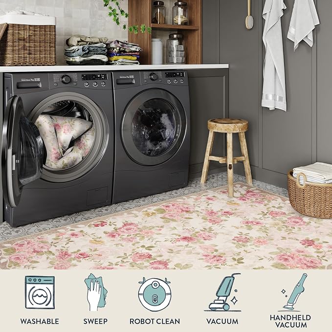 Lahome Floral Washable 3x5 Rug, Small Girls Rugs for Bedroom Soft Non-Slip,Entry Way Rugs Indoor Low Pile Carpet for Nursery Kids Playroom Nina Beige/Pink/Multi