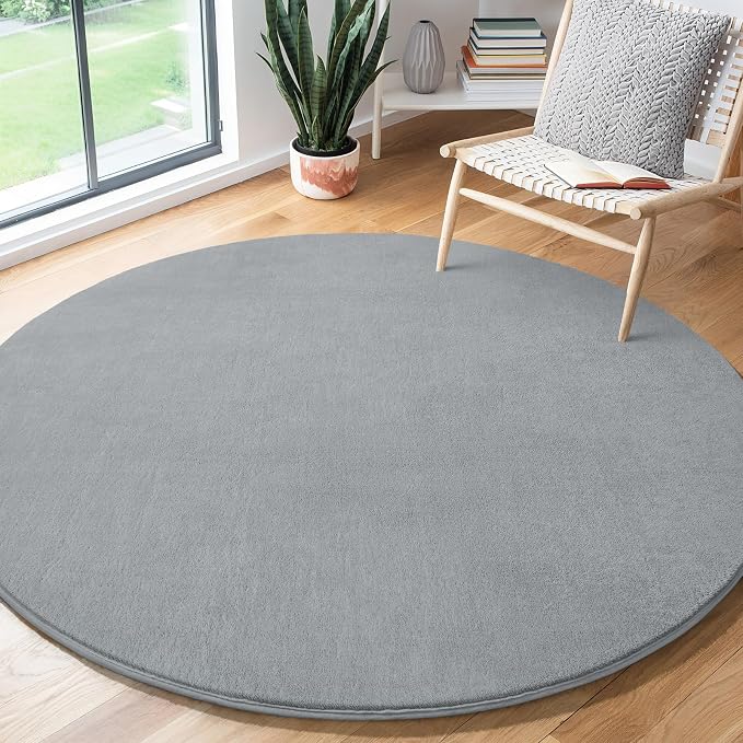 Amearea Grey Round Area Rugs 4ft Circle Rugs for Bedroom Living Room | Washable Fluffy Indoor Thickened Memory Foam Rug, Non Slip Minimalist Circular Carpet for Boys Girls Dorm Nursery Room Decor