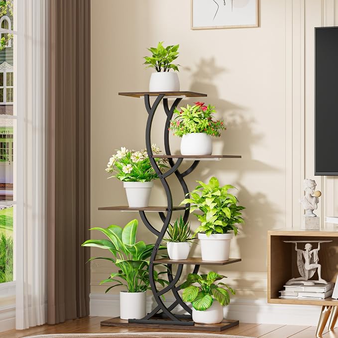 Plant Stand Indoor with Grow Lights - 44" Tall Corner Plant Stands for Indoor Plants, 5 Tiered Metal Plant Shelf, Curved Plant Flower Holder Dispaly Rack for Living Room, Home Patio Balcony (Black)