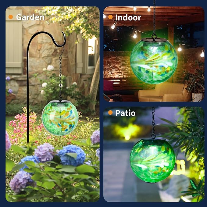 VCUTEKA Glass Solar Lanterns Outdoor Green Hanging Solar Lights for Outside | Solar Lanterns Outdoor Waterproof with Hook, Energy-Efficient LED White Glass Gazing Ball Lights for Garden, Yard Decor