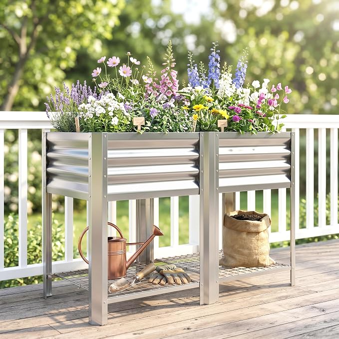 Outsunny Galvanized Steel Raised Garden Bed with Storage Shelf and Bed Liner, Elevated Planter Box with Legs for Flowers, Vegetables, and Herbs, for Outdoor Patio Yard, Glove Included, Silver