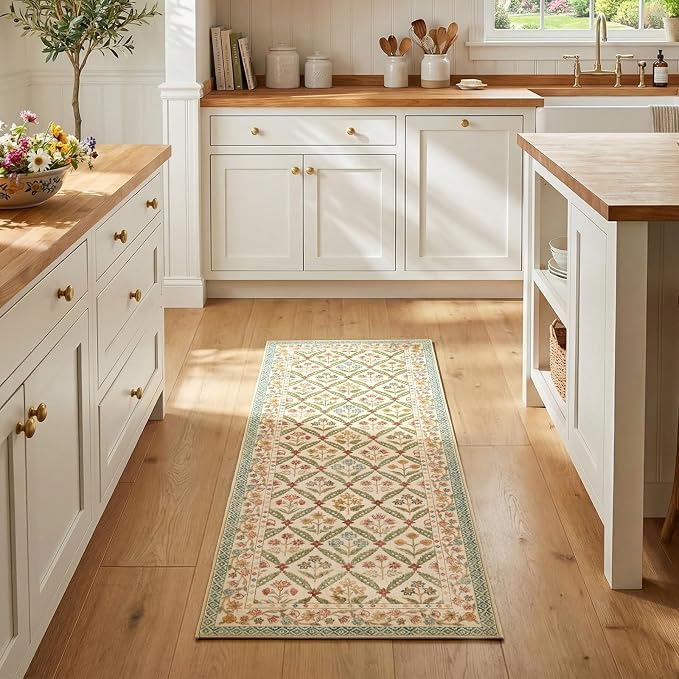 jinchan Runner Rug 2x5 Vintage Floral Washable Hallway Area Rug, Teal Blue | Soft & Lightweight, Checkered Floral, Low Pile, Non Slip, Entryway, Kitchen, Bedside, Laundry Room, Cottage Decor