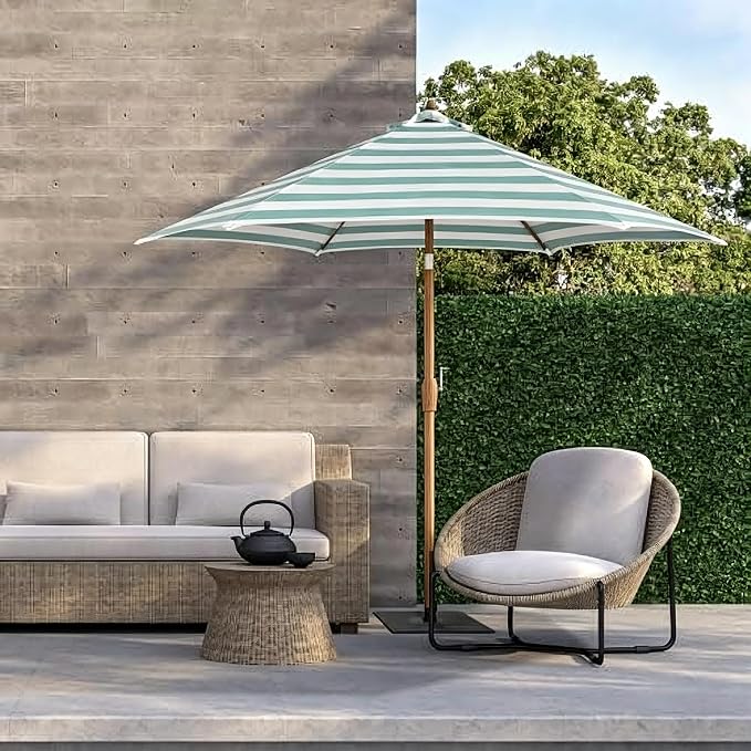 Tempera Striped Patio Umbrellas Outdoor Table Market Umbrellas with Crank & Pust Button Tilt|Auto-Tilt, 8 Steel Ribs, High Color-Fastness Canopy