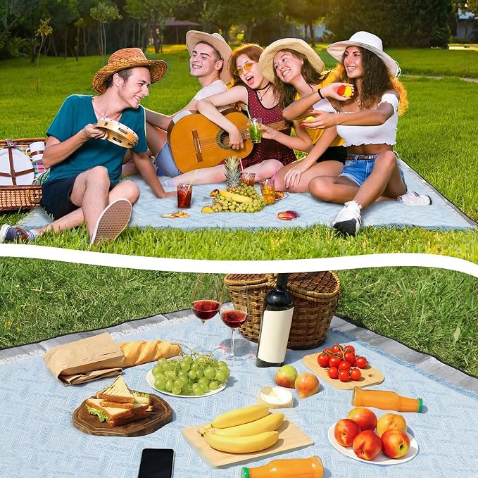 Hahafelt Extra Large Outdoor Picnic Blanket Oversize Beach Woven Cotton Yarn Blanket with Fringe Machine Washable Sandproof Portable for Spring Summer Camping Beach Park(Blue)