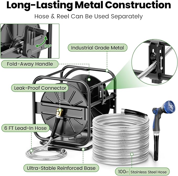 SPECILITE Heavy Duty Hose Reel with 100Ft 3/4" 304 Stainless Steel Garden Hoses, Upgraded Guide System, 360 Swivel Base, Wall Mount/Floor Water Pipe Spool for Outside, Yard, Lawn