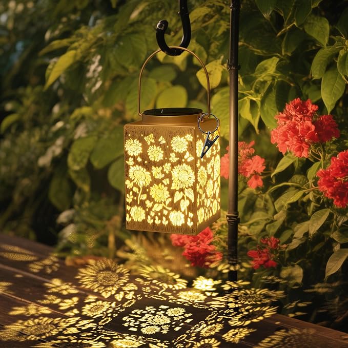2 Pack Solar Lanterns - Waterproof Metal Hanging Solar Lights Outdoor Decorative, Solar Powered LED Lamp for Patio Tabletop Porch Deck Yard Garden Decor for Outside (Sunflower)