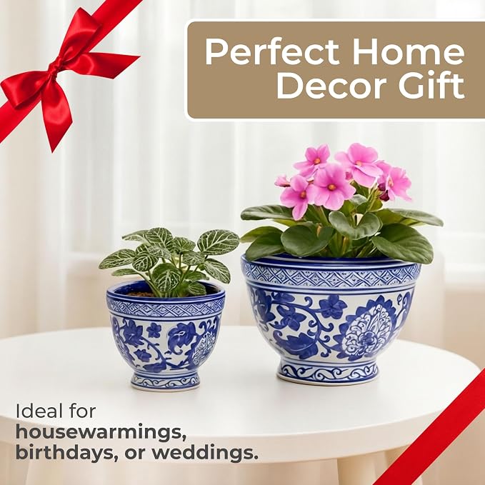Set of 2 Bowl Chinoiserie Decorative Planter Pot with Drainage – Ceramic Outdoor & Indoor Plant Pot – Modern Garden & Home Decor Planters – 5" & 7", Blue & White