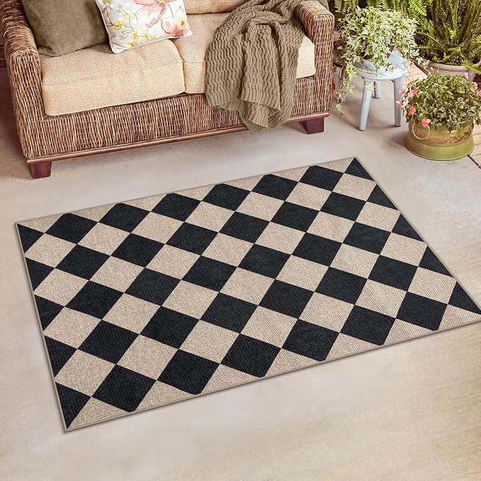 Lahome Checkered Easy Jute 3x5 Entryway Front Porch Rug, Black Diamond Indoor Outdoor Patio Layering Rug, Washable Farmhouse Neutral Non Slip Non Shedding Door Carpet for Backyard Blacony