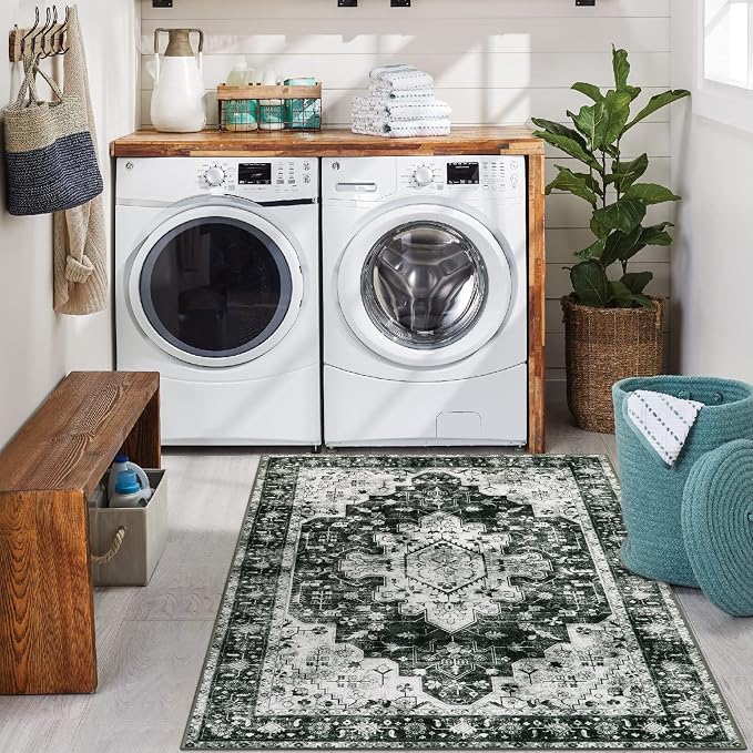 Moynesa Ultra-Thin Washable Vintage Area Rug - 3x5 Boho Entryway Rug Oriental Medallion Living Room Mat Non-Slip Non-Shedding Stain Resistant Indoor Accent Carpet for Kitchen Bedroom, Black/White