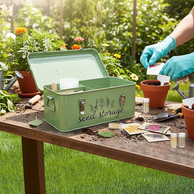 TINSKY Seed Storage Organizer Metal Seed Box with Lid and Locks Seed Saving Bank with 60 Seed Bottles, 30 Plant Labels and 60 Seed Envelopes, 3 Compartments, Suitable for Garden Floweren