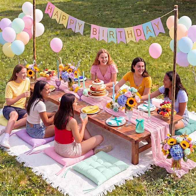 Extra Large Outdoor Picnic Blanket with Table Runner and Floor Pillow Cushion for Picnic Wedding Birthday Baby Shower Backyard Decor(91 x 71'',Pastel,8 Pcs)