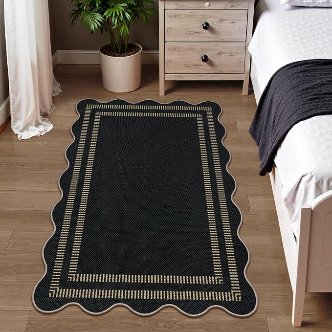 Modern Easy Jute 3x5 Outdoor Patio Rug, Black Washable Rugs for Entryway Indoor Kitchen Rugs, Farmhouse Neutral Non Slip Carpet for Living Room Backyard