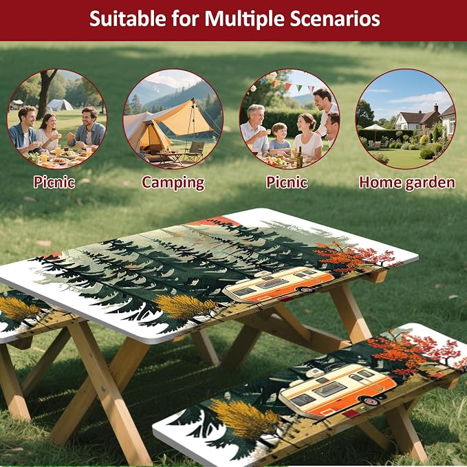 Picnic Table Cover with Bench Covers 6FT 3PCS, Camping Essentials Waterproof Windproof Tablecloth with Drawstring Bag, Fitted Rectangle Tables and Seats, 72", RV Serenity