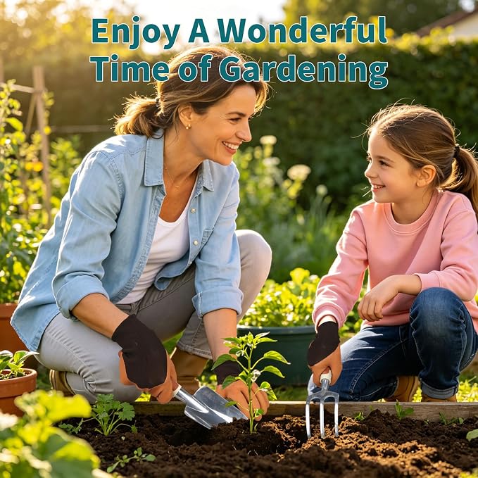 4-Piece Brown Garden Tools Set, Patioland Ergonomic Gardening Hand Tools w/Trowel,Cultivator Rake,Pruning Shear & Gloves for Digging Weeding,Yard Tool Gift for Women Men Grandma Gardener Plant Lovers
