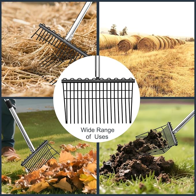 Pitch Forks for Garden with 18 Tines, 53" Non-Slip Adjustable Steel Handle, Durable Broadfork for Turning Hay, Gardening Pitchfork with Universal Extension Handle Attachment for Licorice