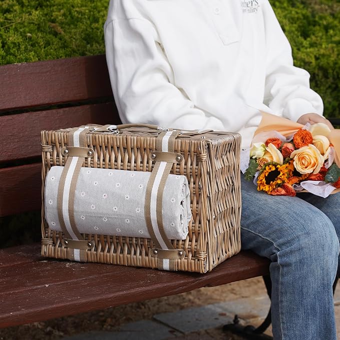 G GOOD GAIN Picnic Basket for 2 - Wicker Picnic Set with Waterproof Blanket| Large Picnic Hamper with Insulated Cooler & Cutlery Kit for Couples Camping,White Flower,15x11x7.5inch