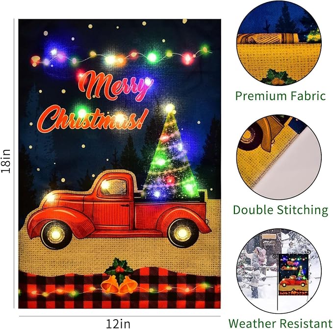 Merry Christmas Lighted Garden Flag, LED Red Truck Flag, Vertical Christmas Flag for Outdoor Yard Garden Lawn Decoration