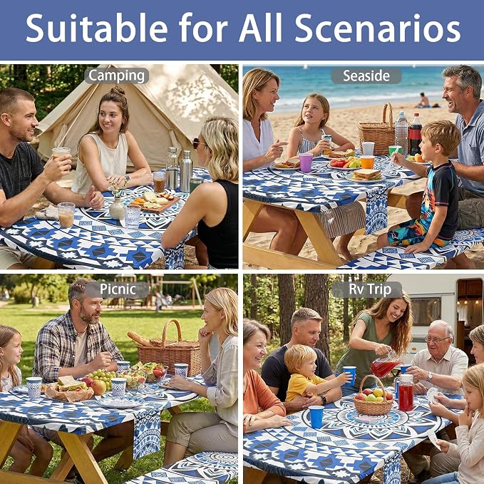 Fitted Waterproof Picnic Table Cover with Bench Covers Elastic 72×30Inch Weather Proof Non Slip Camping Table Clothes for 6Feet Rectangle Tables Campers Summer Fall Travel Hiking Tools Gifts