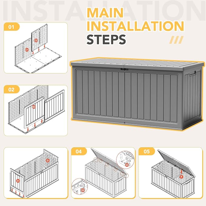 270 Gallon HDPE Deck Box Outdoor Indoor Waterproof Storage Box for Patio Furniture, Pool Accessories, Garden Tools, and Cushion Storage, Gray